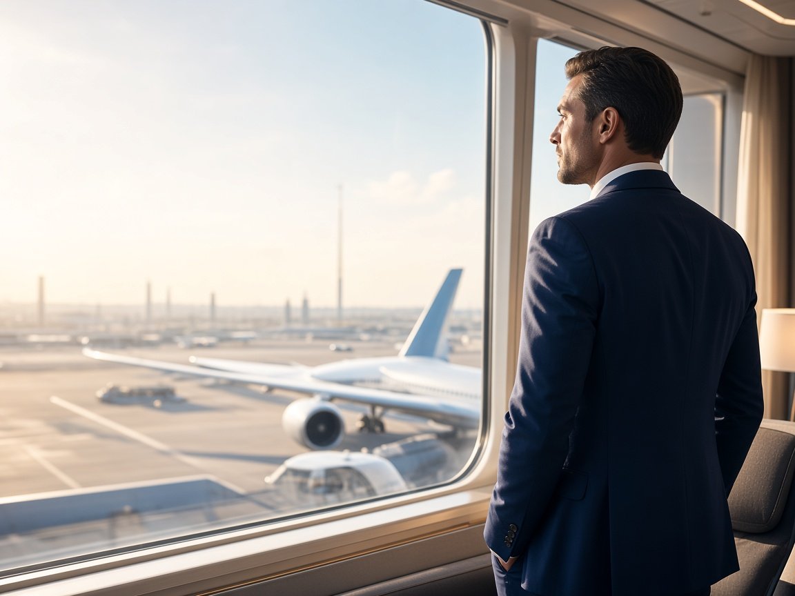 A business traveler in a suit looking out toward the airport apron